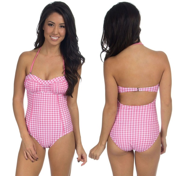 pink and white one piece swimsuit